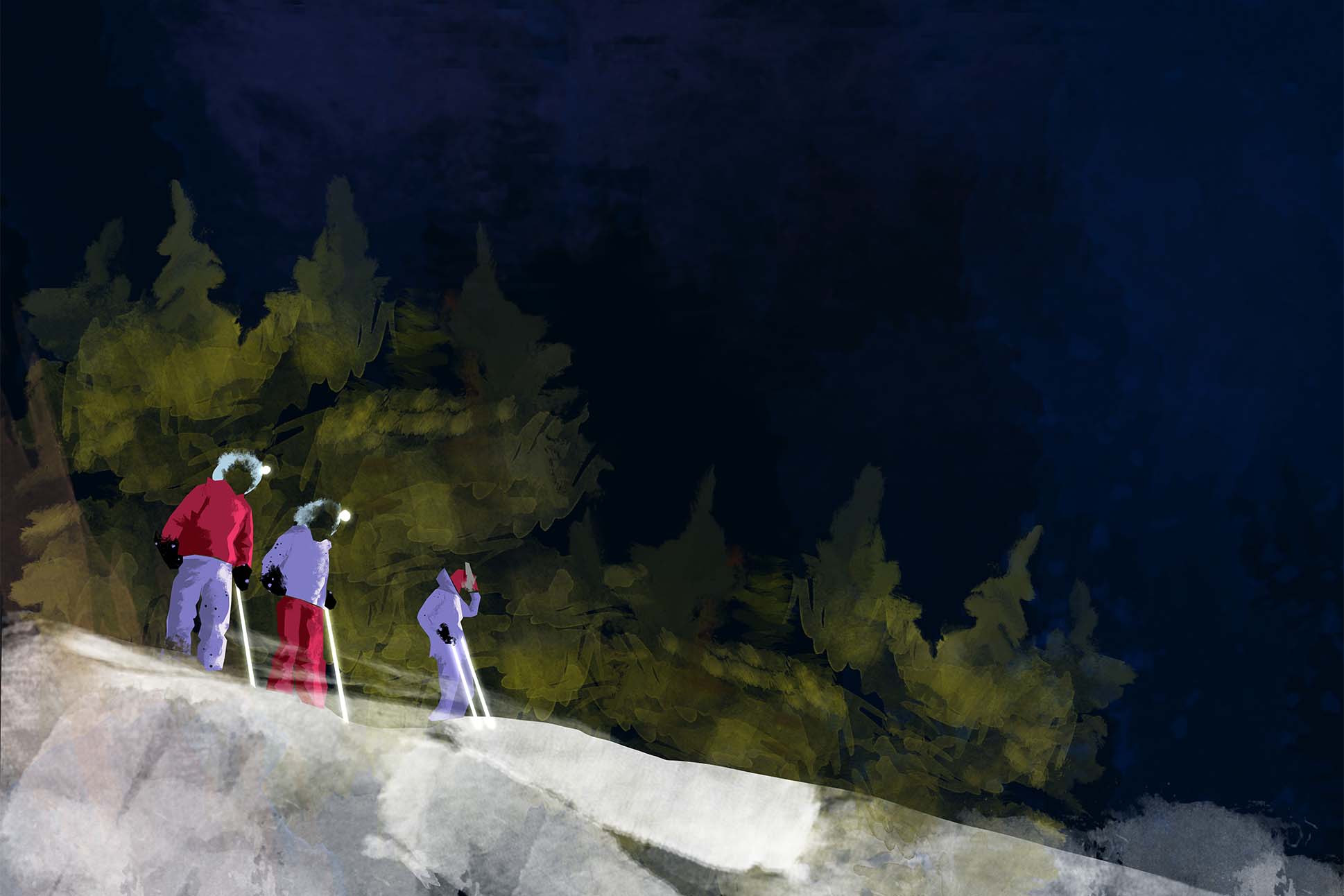 An illustration of three people wearing ski gear during the night standing on a mountain cliff with snow.