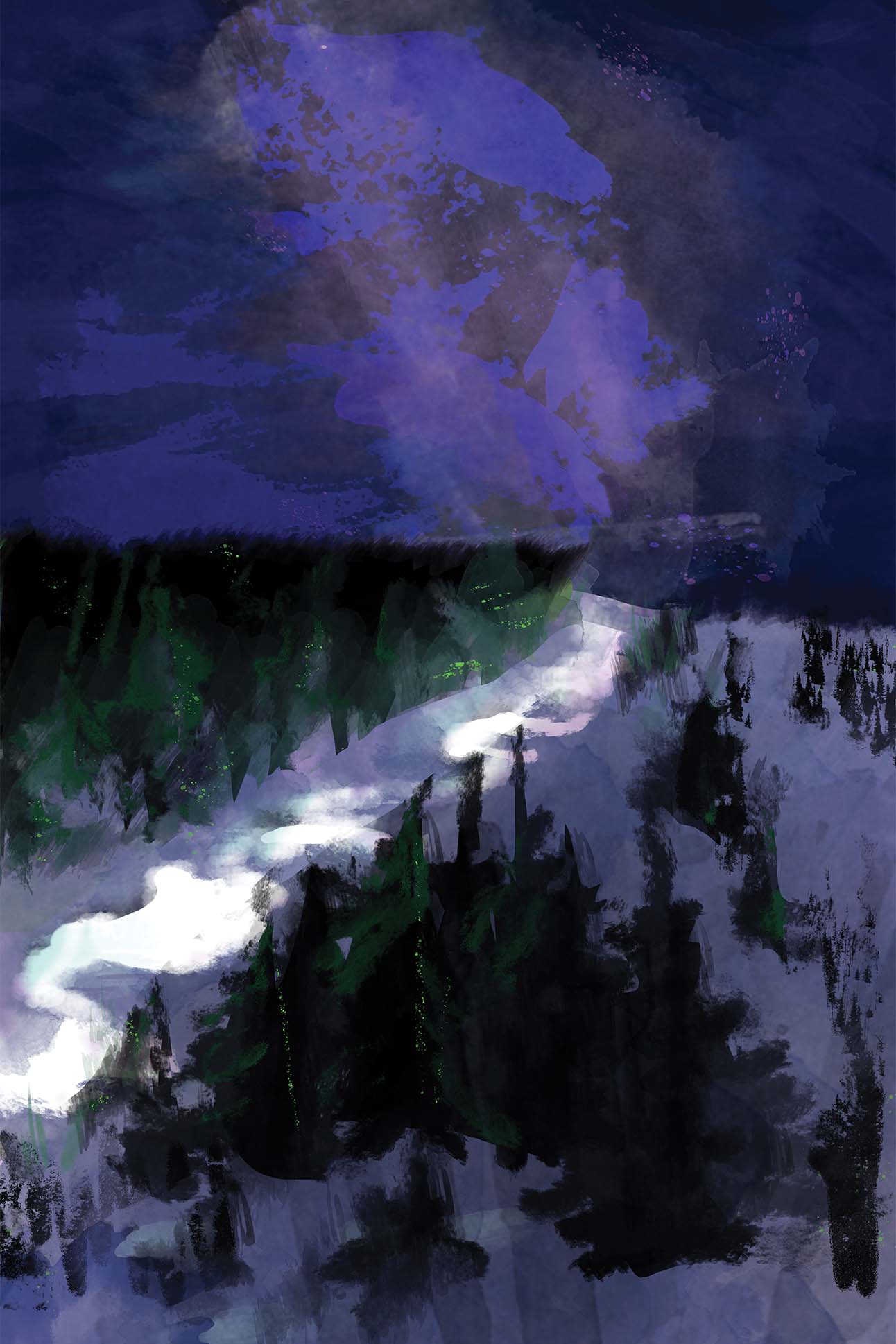 Illustration of a mountain valley filled with snow.