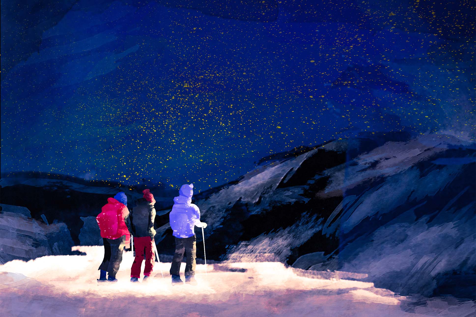 An illustration of three people wearing ski gear during the night standing on a mountain cliff with snow.