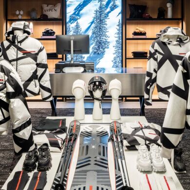 The ASPENX concept store, located in Aspen’s Gondola Plaza, is a gateway to bespoke skiwear, rental equipment, and elevated food and wine experiences both on and off mountain.