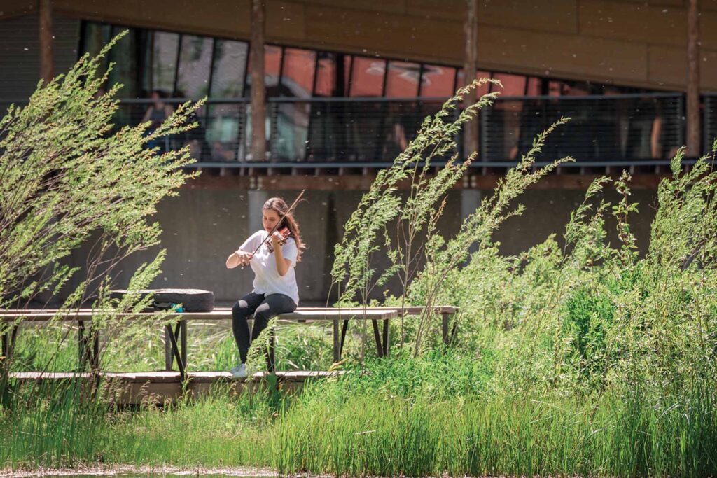 a person sitting on a bench playing a violin