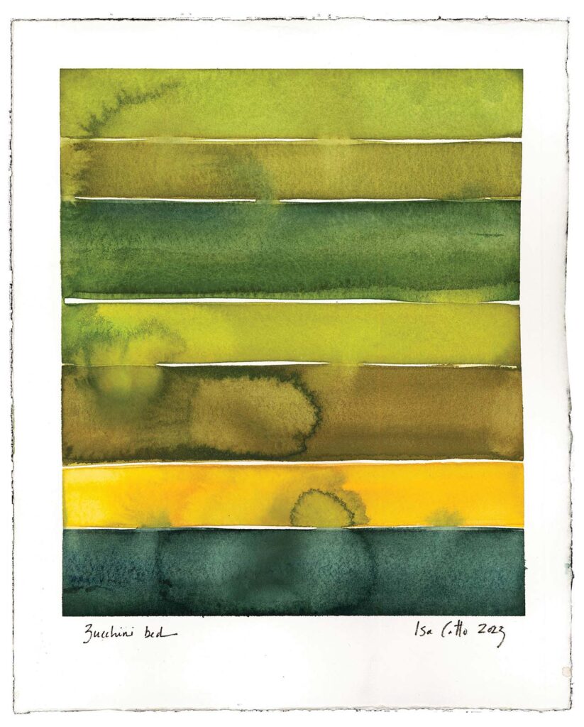 Abstract painting in hues of green and yellow.